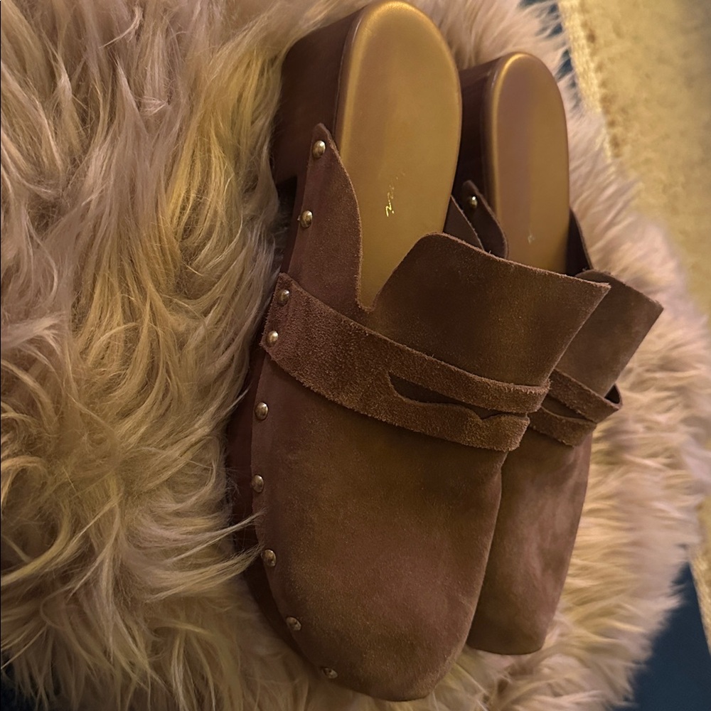Brown Suede Studded Clogs Made in Italy